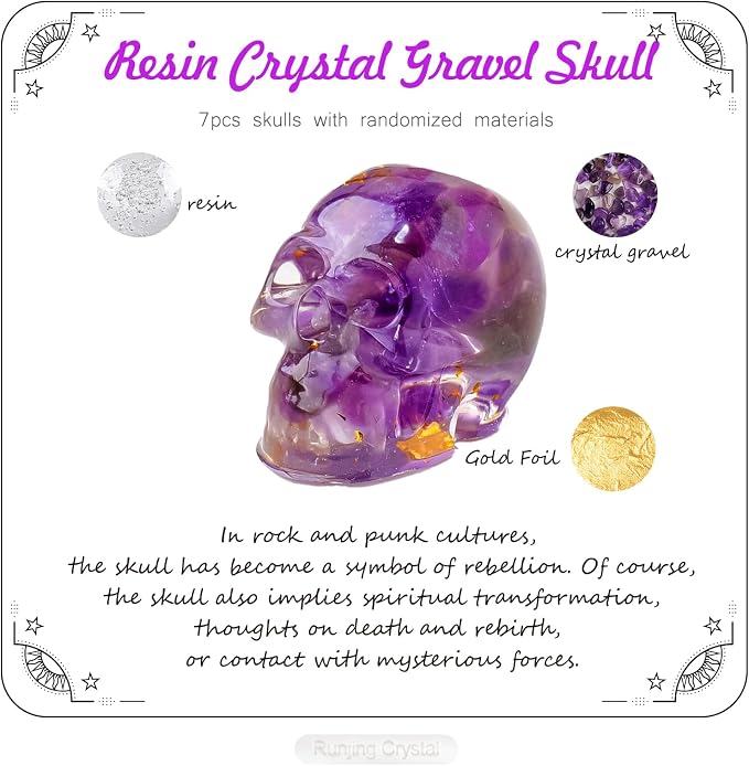 7pcs Crystal Resin Skull Statue Natural Crystal Gravel Skull Home Office Table Decor Gifte