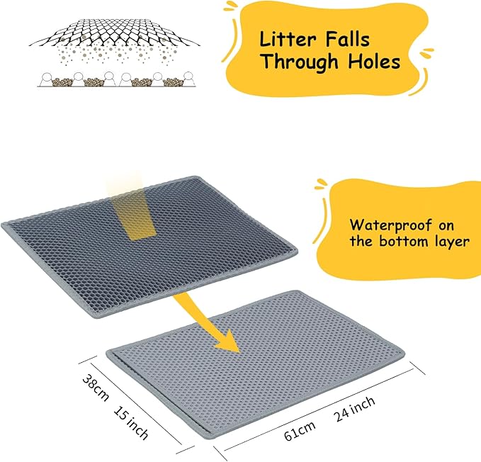 Cat Litter Mat, Litter Box Mat, Large Double Layer Waterproof Proof Trapping mat, Non-Slip Design, Kitty Litter Rug, Cat Supplies, Easy to Clean, 24x15 Inch, Grey, Pack of 2