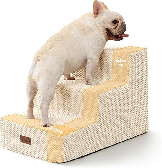 Aodisman Dog Stairs for Small Dogs & Cats, 3-Step Extra Wide Non-Slip Pet Steps for Couch Sofa and Chair, Beige, 15.7" H