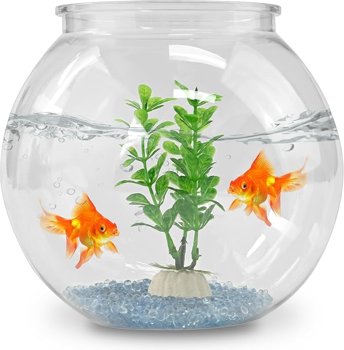 Plastic Goldfish Fish Bowl Drum Clear Aquarium Starter Kits | High Transparent Round Acrylic Fish Tank with 1 Artificial Aquatic Plant and 1 Bag Mini Ornamental Stones, 0.72Gallon/ 2.75L