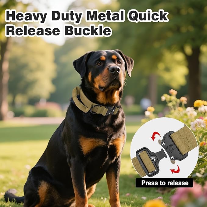 Joytale Tactical Dog Collar for Large Dogs with Control Handle, Heavy Duty Military Training Collar for Power Breeds, AirTag Holder Case, Quick Release Metal Buckle, Soft Padded, L, Khaki