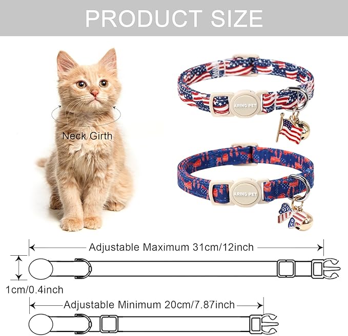 ARING PET 2 Pack American Flag Cat Collar-Cute 4th of July Independence Day Kitty Collars with Bell & Pendant, Adjustable Patriotic Kitten Collars with Safety Buckle