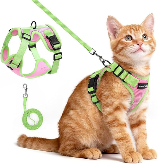 rabbitgoo Cat Harness and Leash Set, Escape Proof Soft Adjustable Vest Harnesses for Outdoor Walking, Easy Control Breathable Kitten Jacket with Reflective Strips, Pink & Light Green, XS