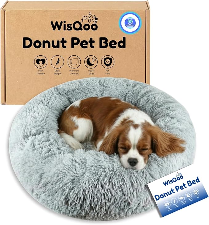 Calming Pet Bed with Water-Resistant Inner Liner – Anti-Anxiety Donut Dog & Cat Bed with Removable Washable Cover – Supportive Plush Nest, Non-Slip & Cushion Protection – Medium, Grey