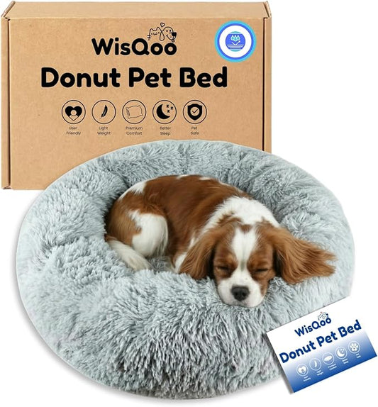 Calming Pet Bed with Water-Resistant Inner Liner – Anti-Anxiety Donut Dog & Cat Bed with Removable Washable Cover – Supportive Plush Nest, Non-Slip & Cushion Protection – Medium, Grey