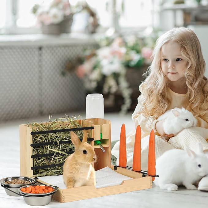Rabbit Hay Feeder, 4 in 1 Wood Guinea Pig Hay Feeder Bunny Hay Holder with Litter Box 500ml Water Bottle 2 Food Bowl Small Animals Stuff for Cages for Chinchillas Hamster Dwarf Rabbit Ferrets