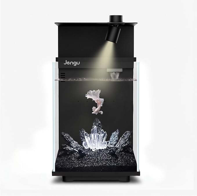 2.1 Gal Betta Fish Tank, Ultra Clear Glass Desktop Aquarium Starter Kit | Hidden Back Filter, Quiet Pump, LED Light, All-in-One Nano Aquarium for Desk, Black