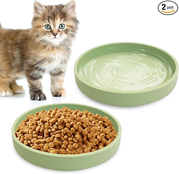 Silicone Cat Food Bowls Shallow Cat Dishes 5.9in Wide Pet Plates Set of 2 Small Flat Dog Saucer Bowl Cute Whisker Fatigue Kitten Feeding Dish for Dry & Wet Food (Round Bean Green)
