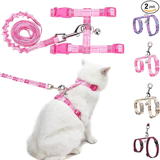 BEAUTYZOO Cat Harness and Leash Set Escape Proof for Walking, Kitten Soft Adjustable Vest Harnesses for Small Medium Large Cats, Easy Control Breathable Plaid Ribbon Nylon for Outdoor Indoor Use