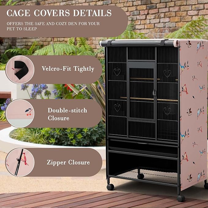Tchvt Nighttime Bird Cage Covers with Zipper Panel Blackout Birdcage for Winter Universal Breathable Large Good Night Enclosure for Bird (Bird Designs, 33x23x41 inch)