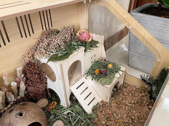 Large Hamster Maze Wood House Fun Slide House Guinea Pig Hamsters Hide Out Climbing Ladder Wooden Funny Play Toy Chew Two Layers Hut for Small Animal Rat Mouse Hideout Dwarf Gerbil Syrian Pet