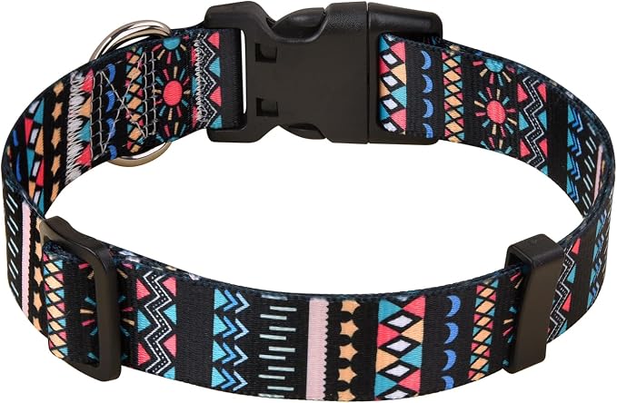 Mihqy Dog Collar with Bohemia Floral Tribal Geometric Patterns - Soft Ethnic Style Collar Adjustable for Small Medium Large Dogs(Black Bohemia,M)