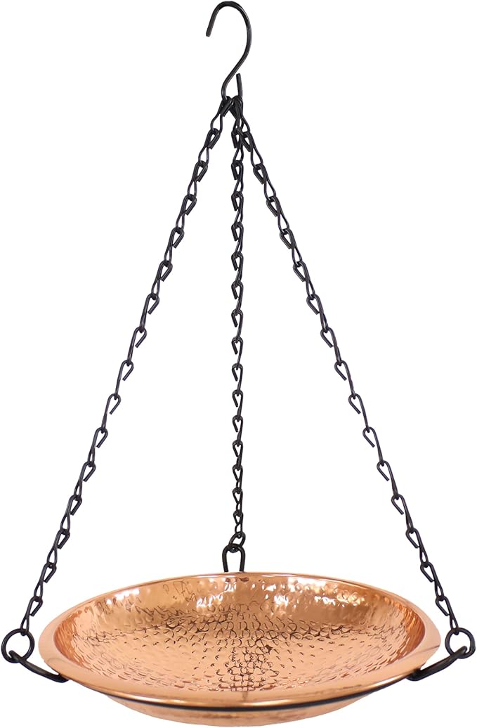 Sunnydaze Hand-Hammered Hanging Bird Bath/Feeder - Detachable Bowl with Hanging Chain - Copper Bird Bath Bowl - 17.5" H