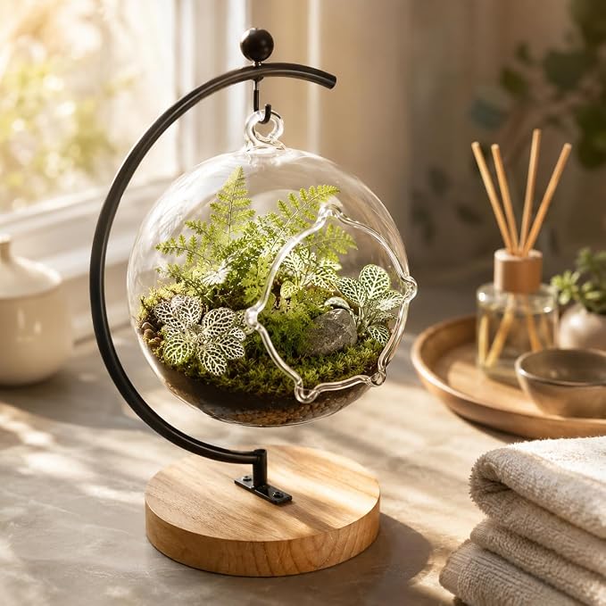 Terrarium Globe Kit, 4.7" Hanging Terrarium for Plants | Small Floating Garden with Wooden Display Stand for Succulents, Indoor Nature Decor, Easy Assembly, Gift for Plant Lover