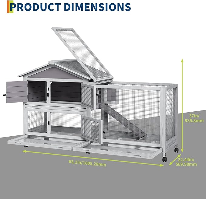 GarveeLife Rabbit Hutch with Weatherproof Asphalt Roof, Bunny Hutch with Wheels & Pull-Out Tray, Rabbit Cage Guinea Pig Cages for Small to Medium Animals, Indoor Outdoor Use, Grey
