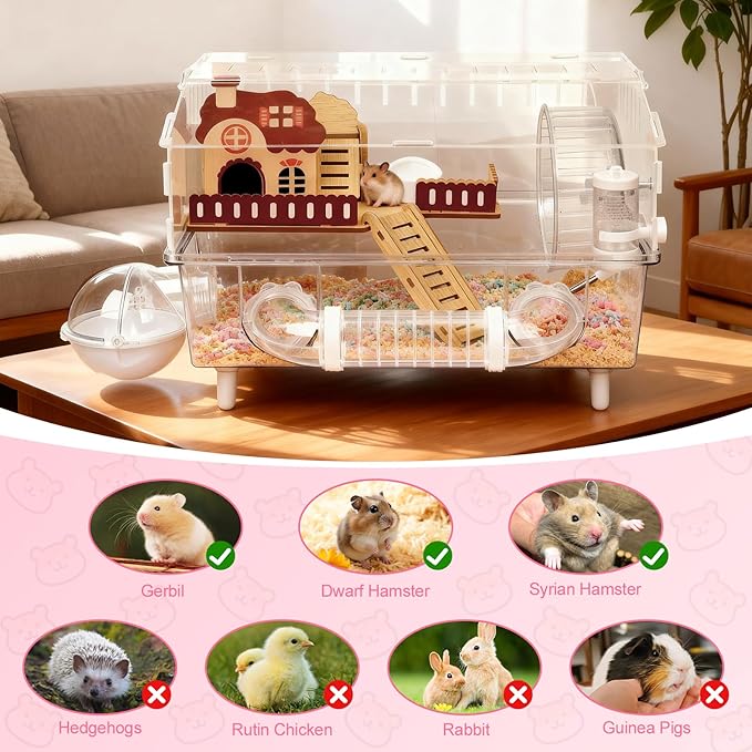 Large Hamster Cage 9 in 1 with All Accessories, 2-Layer Acrylic Hamster House with Full Transparent Viewing,Top Open Mouse Cage for Pet Mice,Hamster Habitat for Dwarf Hamster, Gerbils (Transparent)