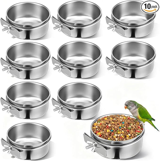 10 Pack Stainless Steel Bird Food Bowls with Clamp Holder, Parrot Feeding Dish Cups for Cage, Rustproof Bird Water Feeders for Cockatiel Conure Budgie Parakeet Macaw Lovebird Small Animals