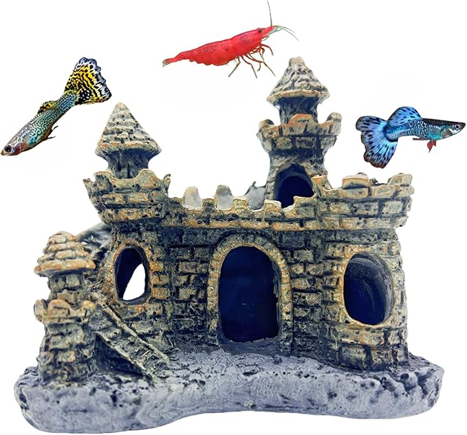 Small Aquarium Castle Decor , Mini Cute Fish Tank Castle Ornaments, Young Little Fish Fish Larvaes Shrimp Hide Caves Hideout for Small Medium Fish Tank Decor Crab Cichlid Betta Tank Decor (Brown)