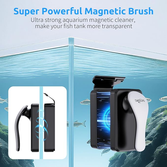 SEAOURA Floating Magnetic Aquarium Cleaner Dual Sided Anti Scratch Algae Scraper for Fresh Salt Water Fish Tanks | Floating Inner Magnet Design Dual Sided Algae Removal Pad Anti Scratch Glass Safe Material Strong Adsorption Magnetic Brush