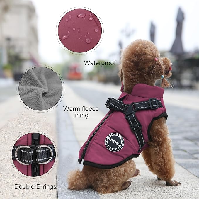 Dog Winter Coat,Warm Jacket Paded Fleece Pet Vest with Built in Harness, Windproof Reflective Cozy Adjustable Snow Pet Coat Clothes with Zipper for Small Medium Large Dogs