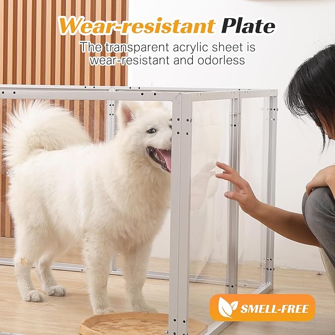 Clear Acrylic Dog Playpen with Door,Puppy Fence Indoors H:24" 10-Panel can be DIY Expanded + Splicing Height Design for Puppies/Small Dogs,White Dog Enclosure (Metal + Acrylic Material)
