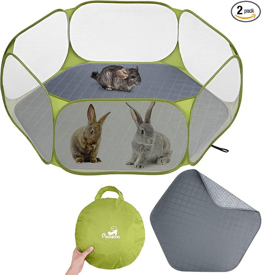 Pawaboo Small Animals Playpen with Pad, Waterproof Small Pet Cage Tent with Reusable Pad, Portable Outdoor Yard Fence for Chick/Kitten/Puppy/Guinea Pig/Rabbits/Chinchillas, Green + Grey