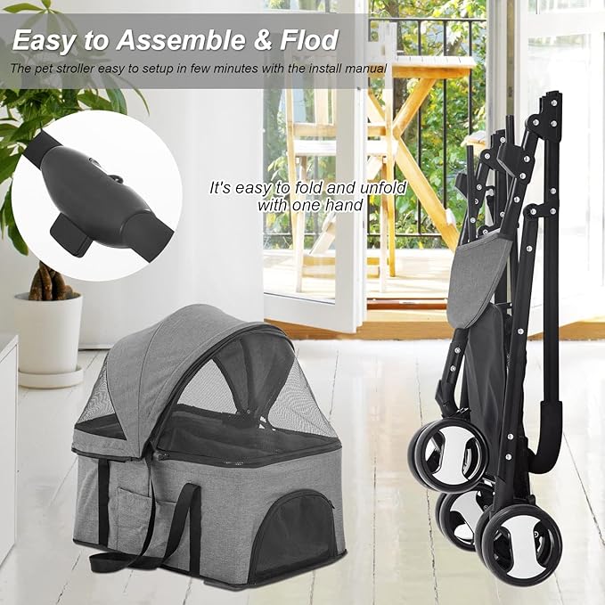 BestPet 3-Wheels Pet Stroller - Dog & Cat Premium 3-in-1 Multifunction Detachable Carrier Lightweight Folding Travel Stroller, Grey