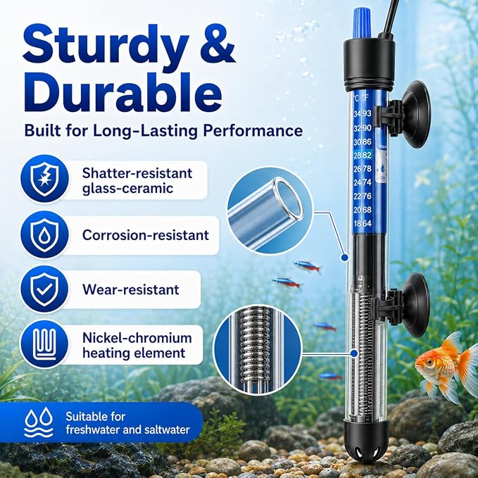 Mylivell Fish Tank Aquarium Heater - Adjustable Submersible 200W Aquarium Heater with Thermostat for 40-65 Gallon Betta, Turtle, Saltwater and Freshwater Tanks