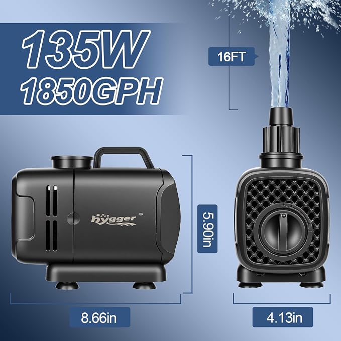 hygger 2-in-11850GPH Submersible Pump 135W, Side and Bottom Suction Fountain Water Pump with 16.4ft High Lift,Water Change with 4 Interchangeable Nozzles for Aquarium, Fish Tank, Hydroponics,Pond