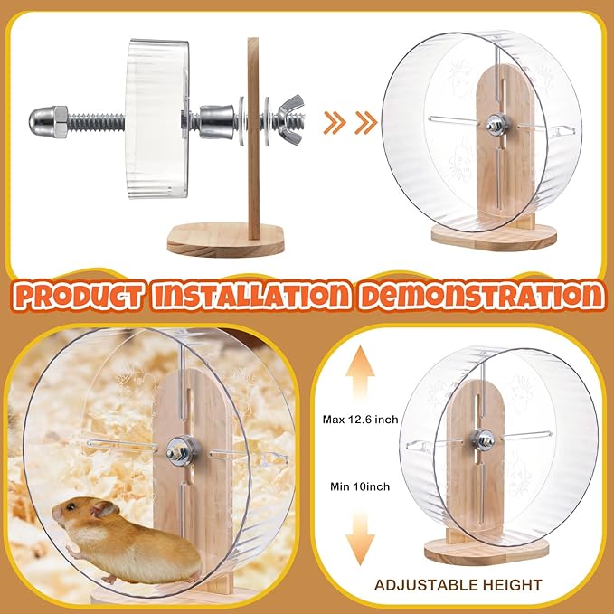 6 Pcs Hamster Toys Set, Maze Wood House, Climbing Ladder Wooden Bridge Tunnel Toy Platform Silent Exercise Running Wheels and Water Bottle Set for Rat Guinea Pig Habitat Cage(Premium)