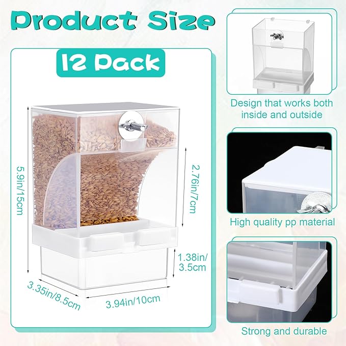 GlikCeil 12 Pcs No Mess Bird Feeder Automatic Bird Feeder for Cage Bulk Parrot Seed Food Container Cage Accessories for Small Medium Parakeet Canary Cockatoo Cockatiel Finch