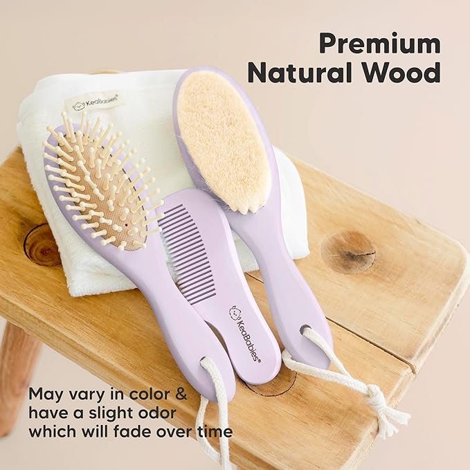 Baby Hair Brush Set for Newborns - Soft Goat Bristle Wooden Baby Brush and Comb Set Newborn Grooming Kit for Cradle Cap, Durable & Gentle, Boy, Girl Infant Essentials Care Kit (Regular, Thistle)