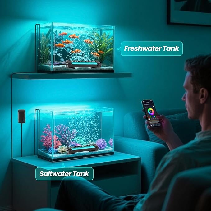 Fish Tank Bubbler Light for Aquarium: 2-in-1 Aquarium Grow Light with APP & Remote Control for Aquatic Pet Enthusiasts - RGB Changing Fish Lamp for 2-5 Gollon Freshwater Saltwater Tank Decor