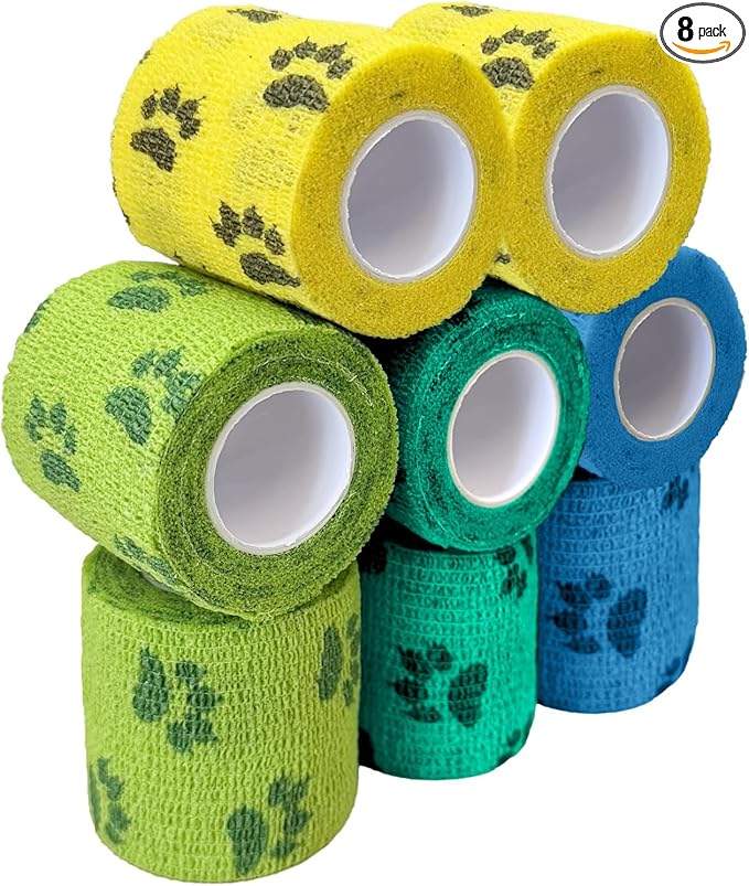 Vet Wrap Cohesive Bandages, Paw Design Tape for Buckets Lead Ropes & Tack Handles, Great for Barn Bags & Daily Carry, 2 Inch x 5 Yards, 8 Rolls, Turquoise Paw