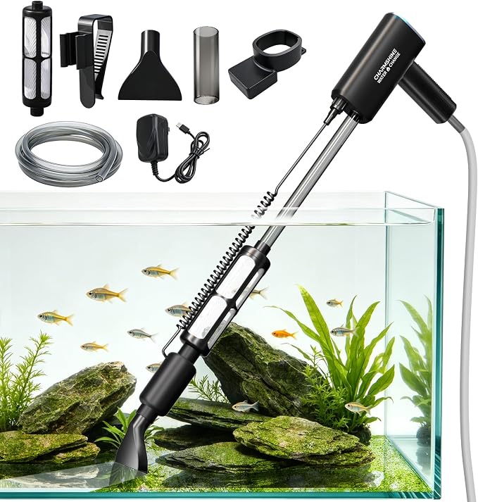 Cordless Gravel Vacuum Aquarium Cleaner for 5-10 Gallon,6-in-1 Automatic Fish Tank Cleaning Tools 2600mah Rechargeable Fish Tank Vacuum Small Tanks Change Water Wash Sand(10w)