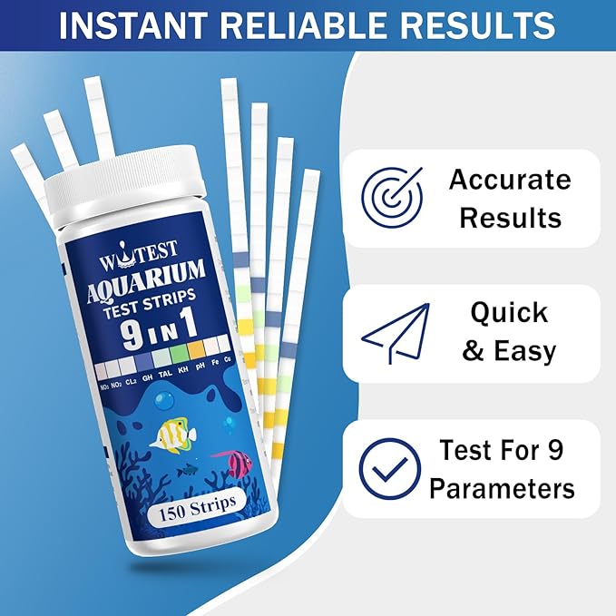 9-Way Aquarium Test Strips - 150 Aquarium Water Test Kit Fish Tank Test Kit Quick & Accurate Testing Iron Copper Nitrate Nitrite Chlorine Total Hardness Total Alkalinity Carbonate pH