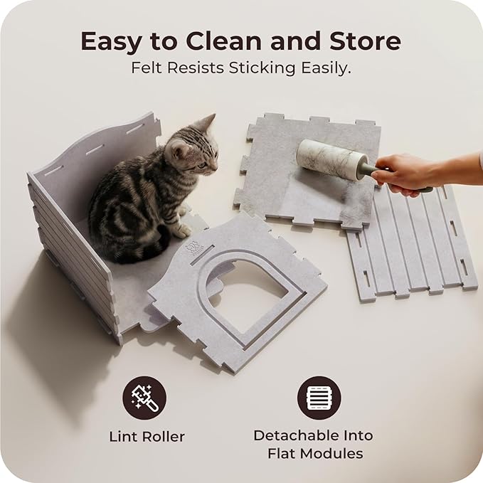 Apasiri Cat Bed Cave for Indoor Cats: New Felt Cat Bed with Fluffy Ball Hanging, Foldable Cat House with Scratch-Resistant Board, Hideaway Cat Cave for Timid Cats, Sturdy Two-Tier Cat Condo - Gray
