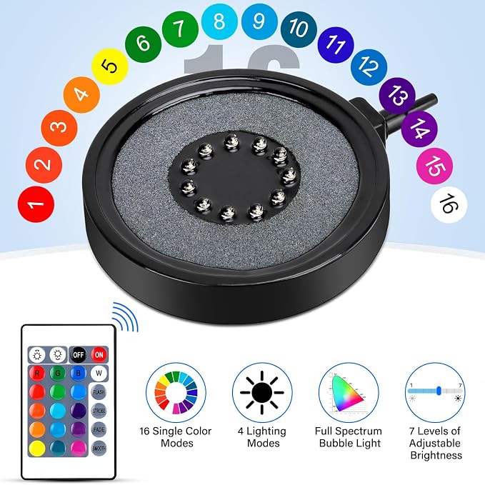fishkeeper Aquarium Air Bubble Light, LED Fish Tank Bubbler Stone Disk | 11 Super Bright Lamp Beads, 16 Colors, 4 Modes, 7 Brightness Adjustable for Fish Tank Decoration, IP68 Waterproof