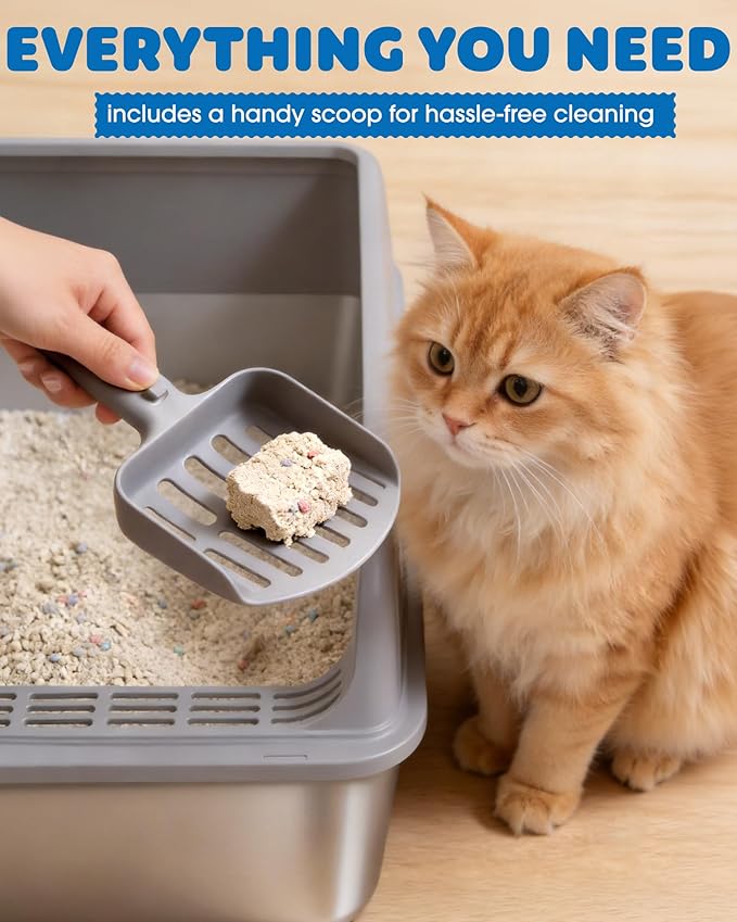 Powools Stainless Steel Cat Litter Box, Metal Litter Box with Scoop, High- Sided, Anti-Leakage Top Entry, Non-Sticky, Easy to Clean, Grey, XL (1 Pack)