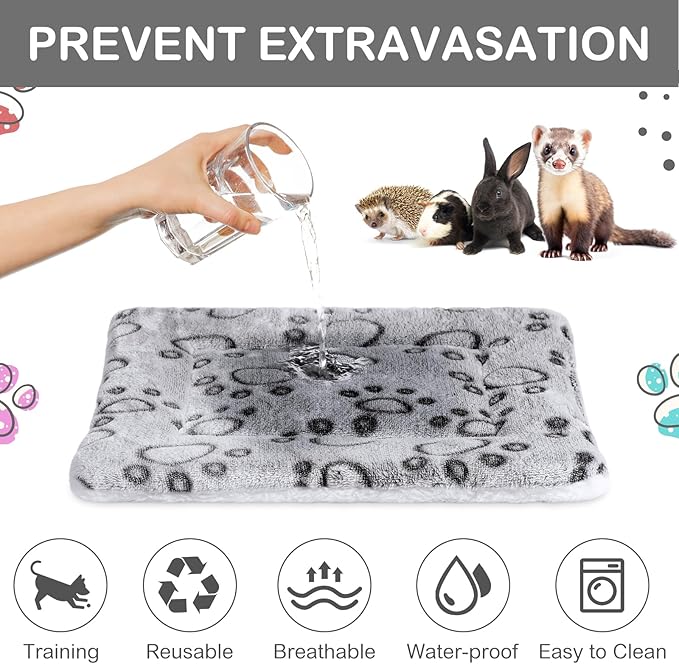 Haull 4 Pcs Waterproof Guinea Pig Bedding Guinea Pig Bed Plush Cage Liners Soft Rabbit Dog Crate Pad Cat Mat Reversible Cozy Animal Pee Pad Hamster Bunny Mat Accessory(Gray Paw,13 x 10 Inch)