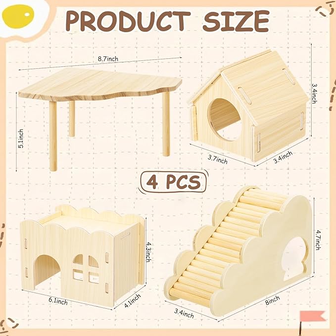 BreezeHug 4 Pcs Hamster Platform Hideout Wooden Tunnel Ladder Playhouse Hamster Game Climbing Toy with Platform Cage Accessories for Pets Dwarf Syrian Mice Degus Gerbils Squirrel(Wave House)
