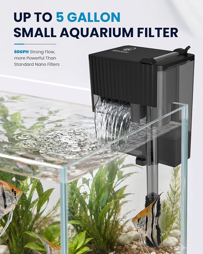 Small Fish Tank Filter | Hang on Back Filter up to 5 Gallon Nano Aquarium Adjustable Flow for Betta Shrimp Tank