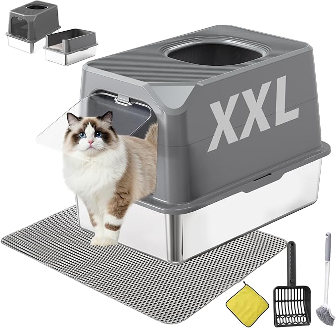 Extra Large Stainless Steel Cat Litter Box Enclosed with Lid - 24" x 16" x 17" Metal Cat Litter Box XXL for Cats, Front Top Entry High Side Kitty Litterbox with Scoop & Mat, Anti Leakage, No Sticky
