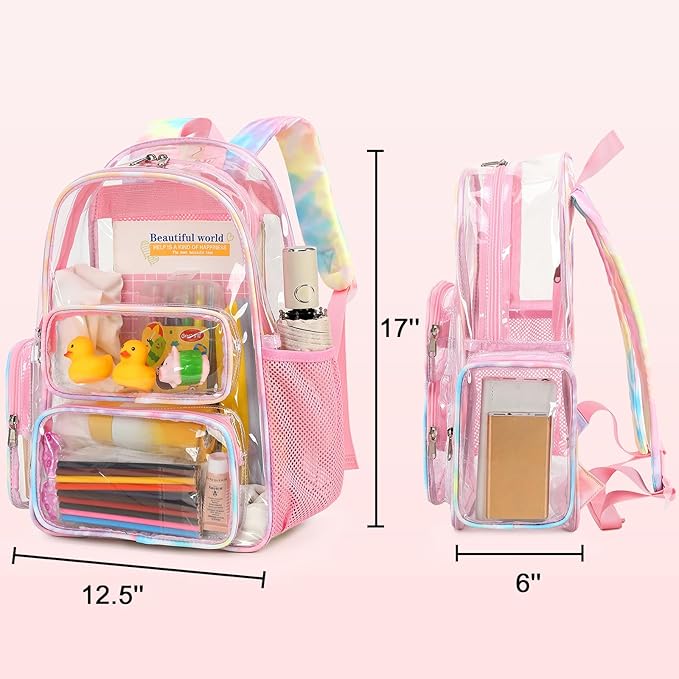 CAMTOP Clear Backpack Heavy Duty PVC Transparent Bag See Through BookBag for Student School Work Festival Sport Travel(Pink Yellow)