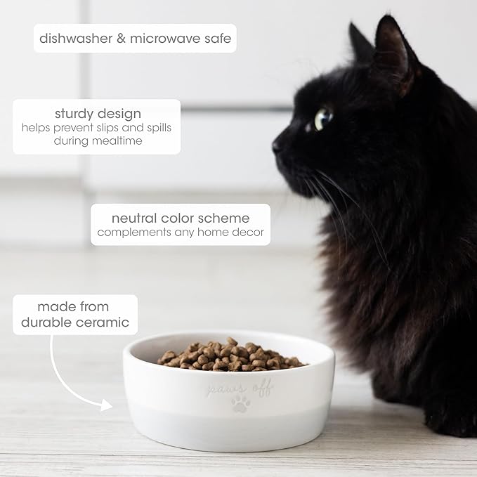 Pearhead Paws Off Ceramic Cat Bowl, Holds 1.3 Cups, Small Food and Water Bowl for Cats, Pet Dish, Microwave and Dishwasher Safe (Pack of 2)