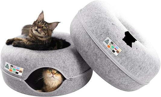 Cattasaurus Peekaboo Cat Cave Donut for Multiple & Large Cats up to 30-45 lbs, 3-in-1 Self Warming Cat Bed, Tunnel & Scratcher for Indoor Cats, Washable & Detachable (Light Gray + Light Gray, Large)