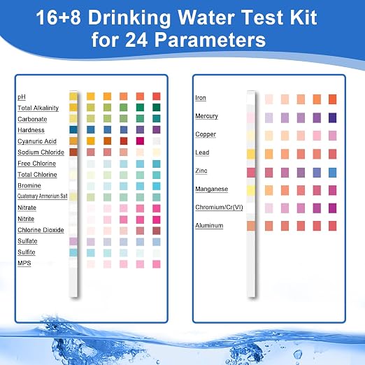 Water Testing Kits for Drinking Water - 150 Strips 24 in 1 Well, Tap | Drinking Water Test Kit, Water Test Strips with Hardness, pH, Lead, Iron, Copper, Chlorine, and More
