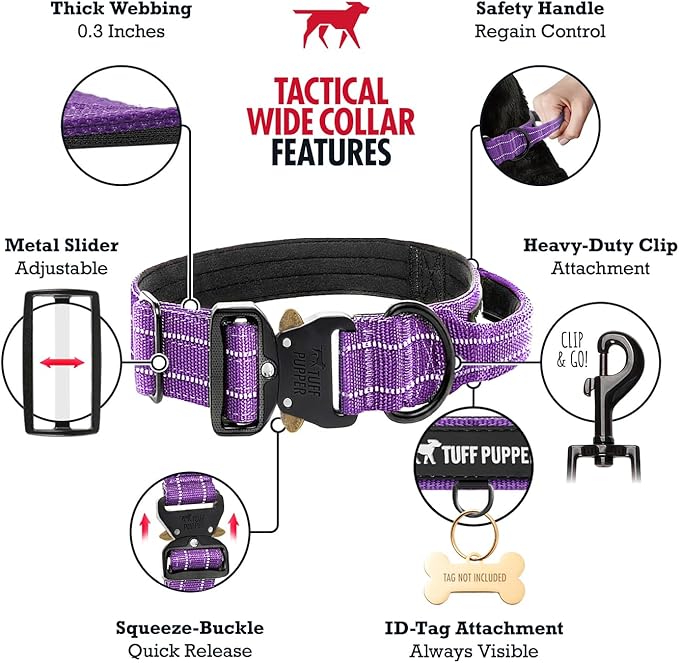 Tuff Pupper Tactical Dog Collar | Heavy Duty 1.5" Wide Ballistic Nylon | Training Control Handle | Quick-Release Metal Buckle | Reflective Bands | ID Tag Holder | Padded Inner Lining (Purple, Large)