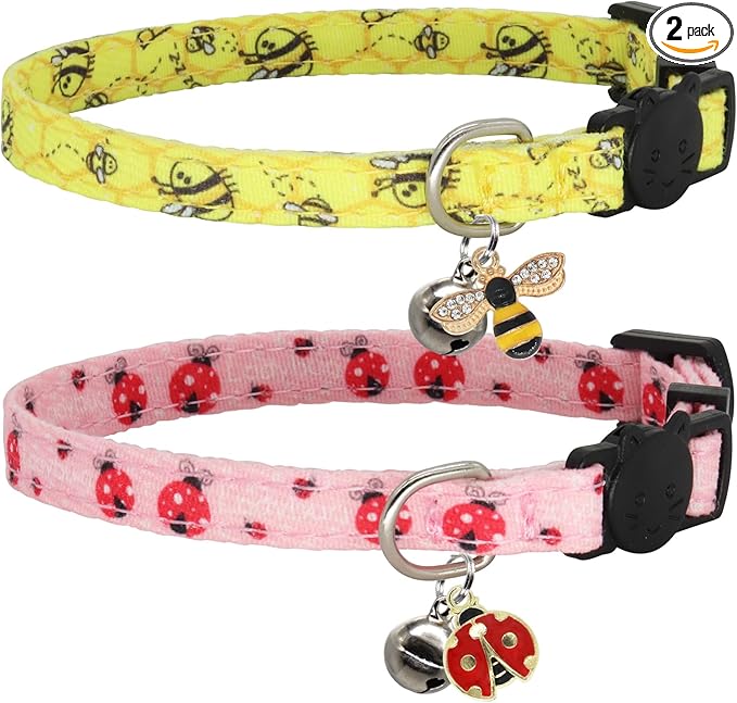 Cat Collar Breakaway, 2 Pack Cotton Kitten Collars with Bells and Removable Charms, Cute Bee and Ladybug Shaped for Indoor Boy, Girl and Adult Cats