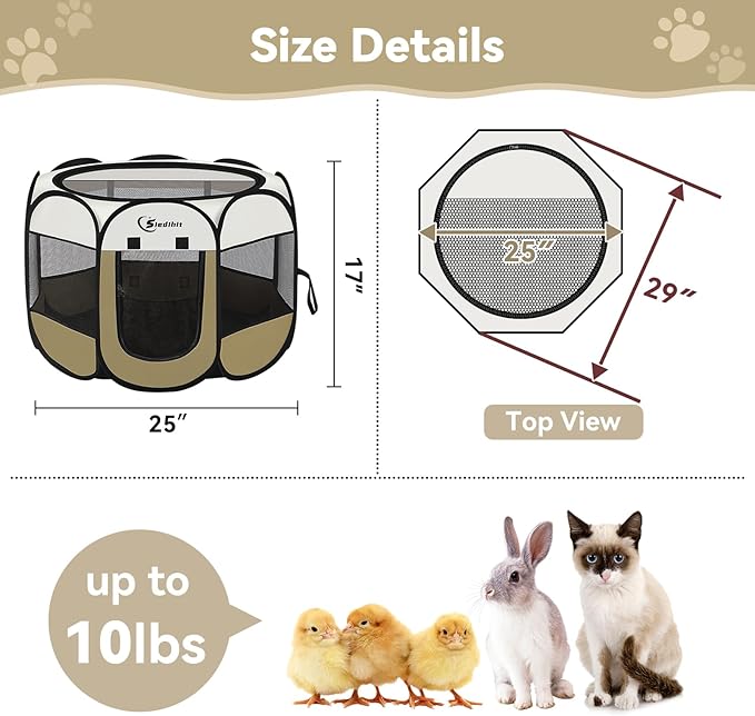 Siedihit Dog Cat Playpen, Small Puppy Pet Playpen, Dog Crate Tent Cage Indoor/Outdoor, Portable Pop Up Dogs Kennel Playpen with Carrying Case for Dogs/Cats/Rabbits(Khaki, Small)